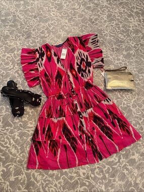 Women’s Bright Pink Ikat Tiered Dress with Button Front